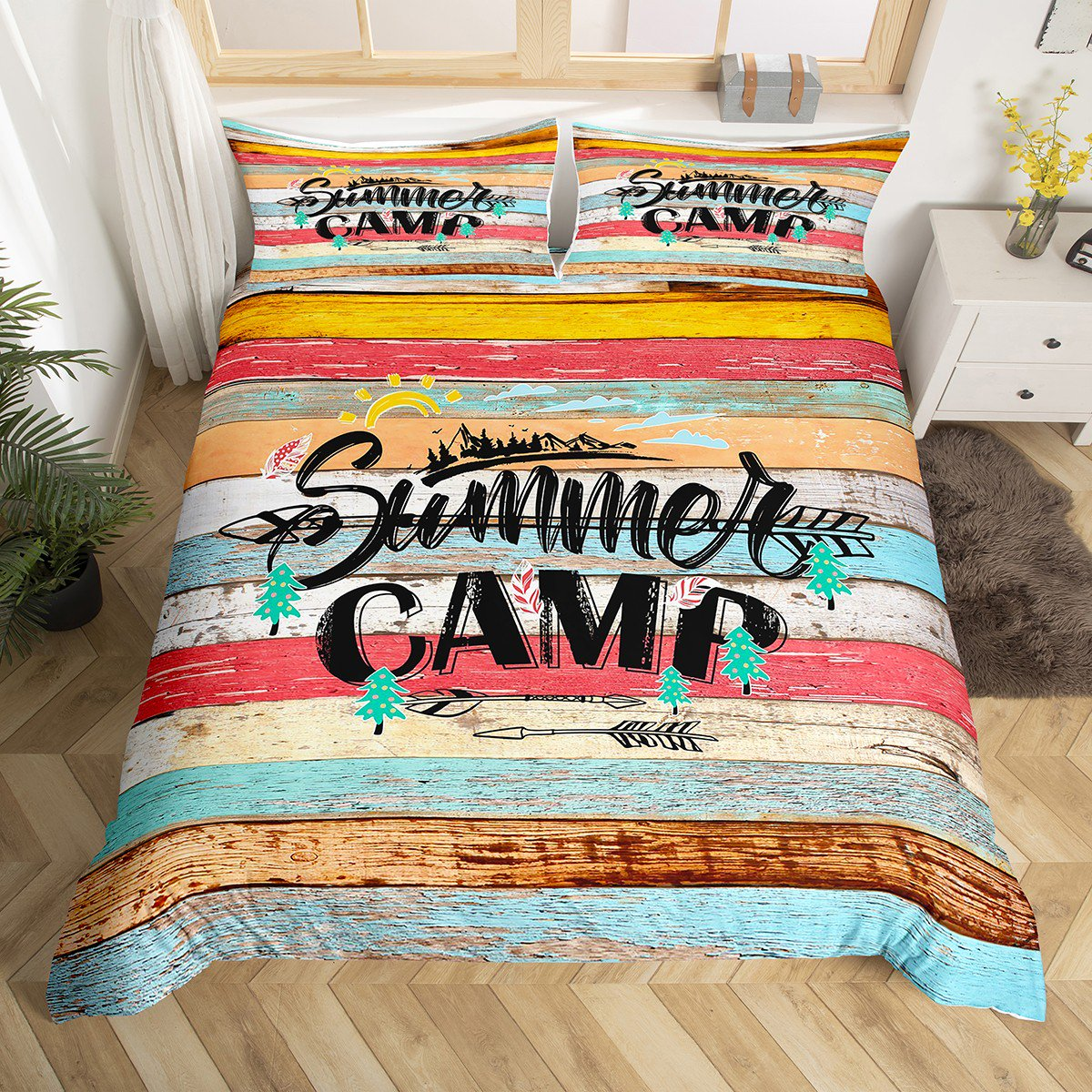 Camping Bedding Set Summer Camp Retro Rustic Wooden Duvet Covers Colorful Unique Gift