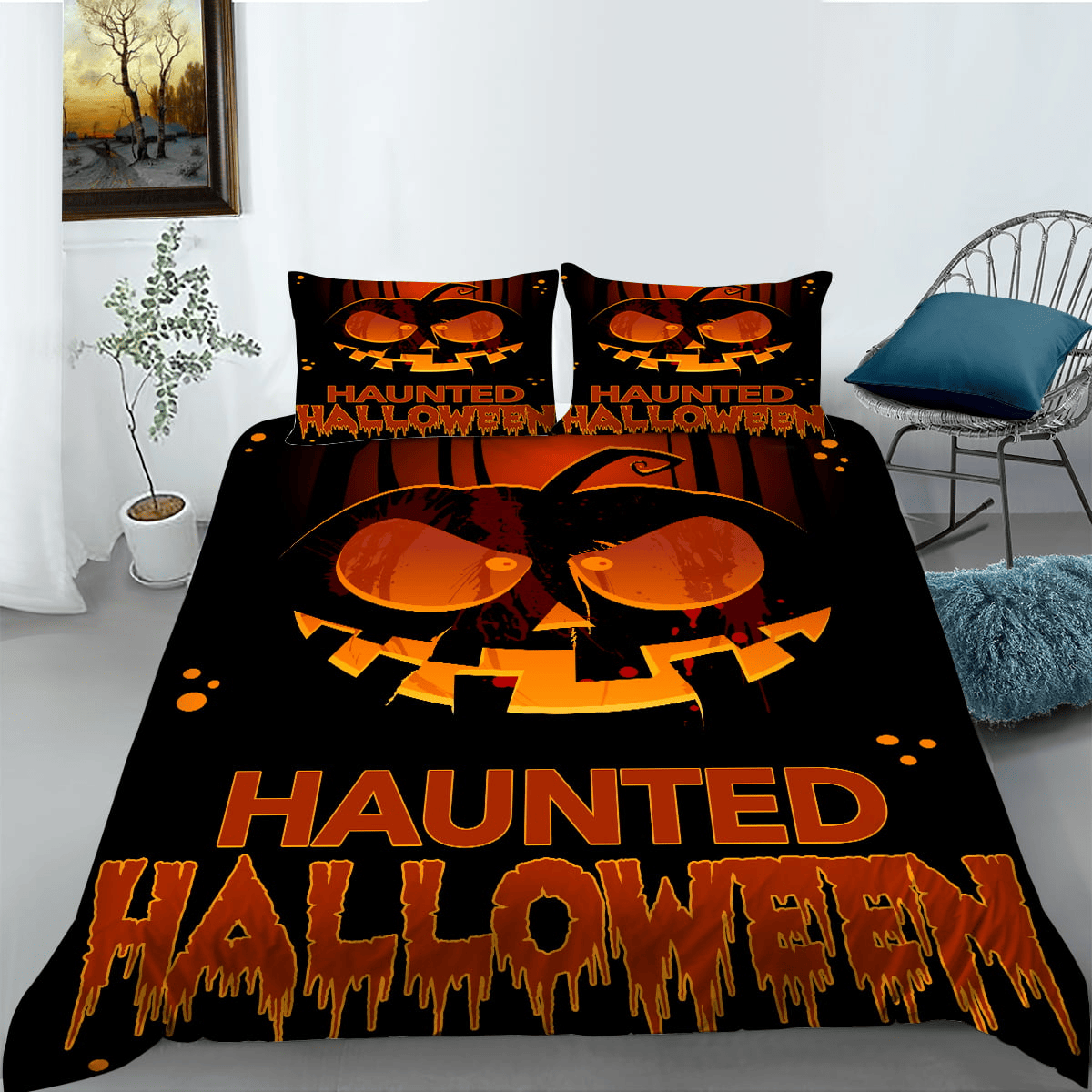 Halloween Bedding Set Pumpkin Haunted Halloween Duvet Covers Orange Black Unique Gift