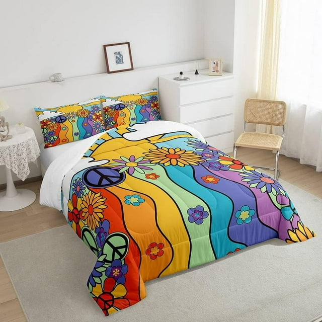 Hippie Bedding Set Sun Moon Peace Sign Flower Pattern Duvet Covers Colorful Unique Gift