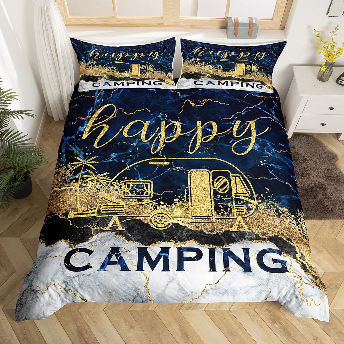 Camping Bedding Set Happy Camping Marble Pattern Duvet Covers Blue White Unique Gift