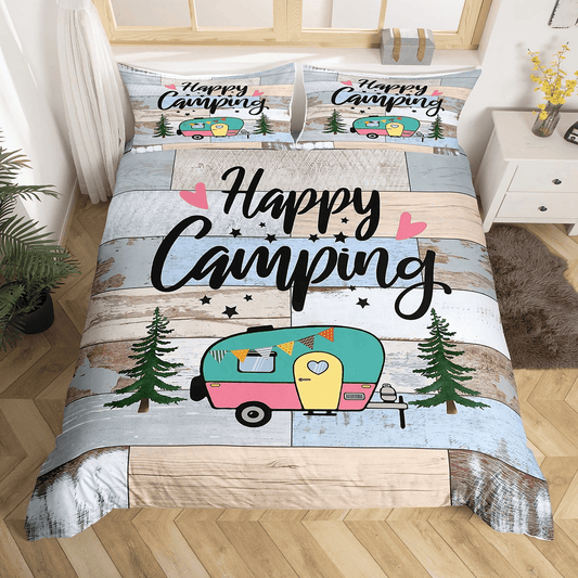 Camping Bedding Set Rustic Wood Pattern Happy Camping Duvet Covers Colorful Unique Gift