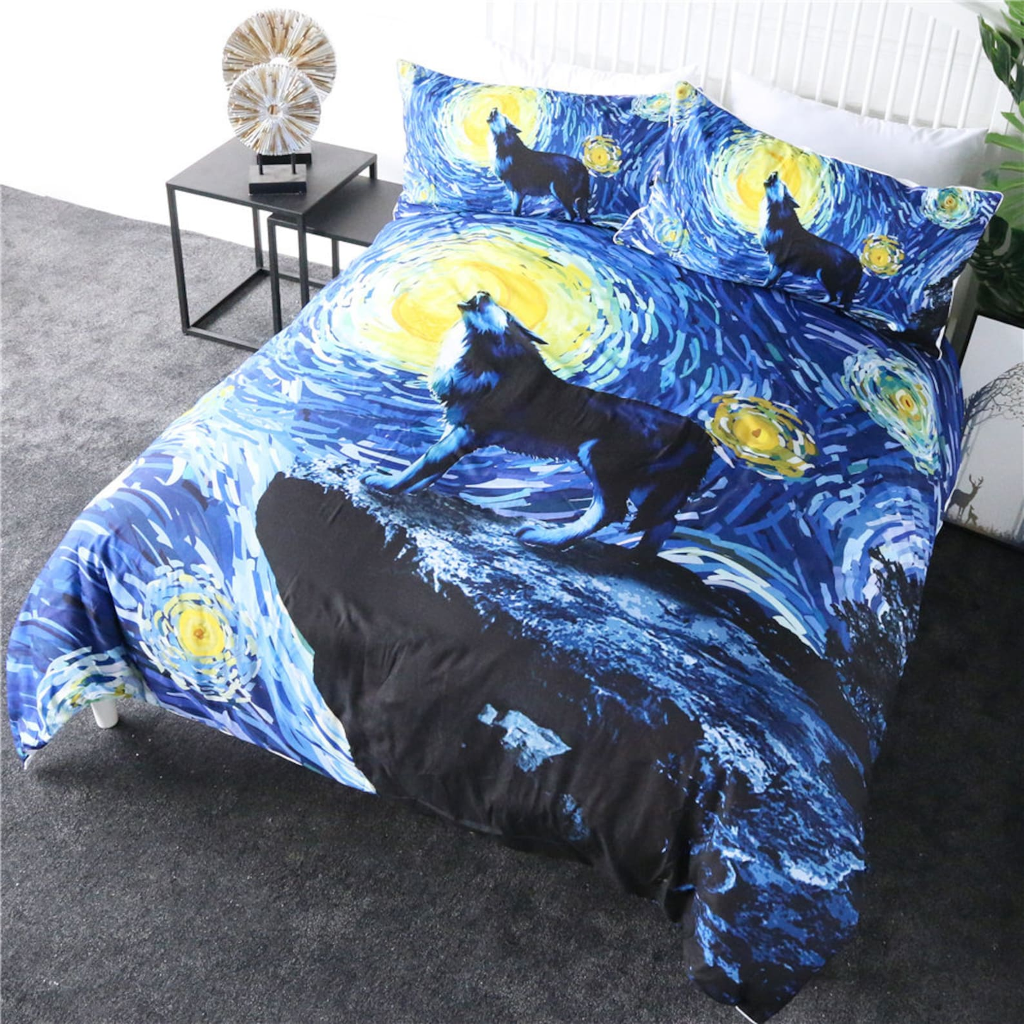 Wolf Bedding Set Starry Night Howling Wolf Duvet Covers Blue Black Unique Gift