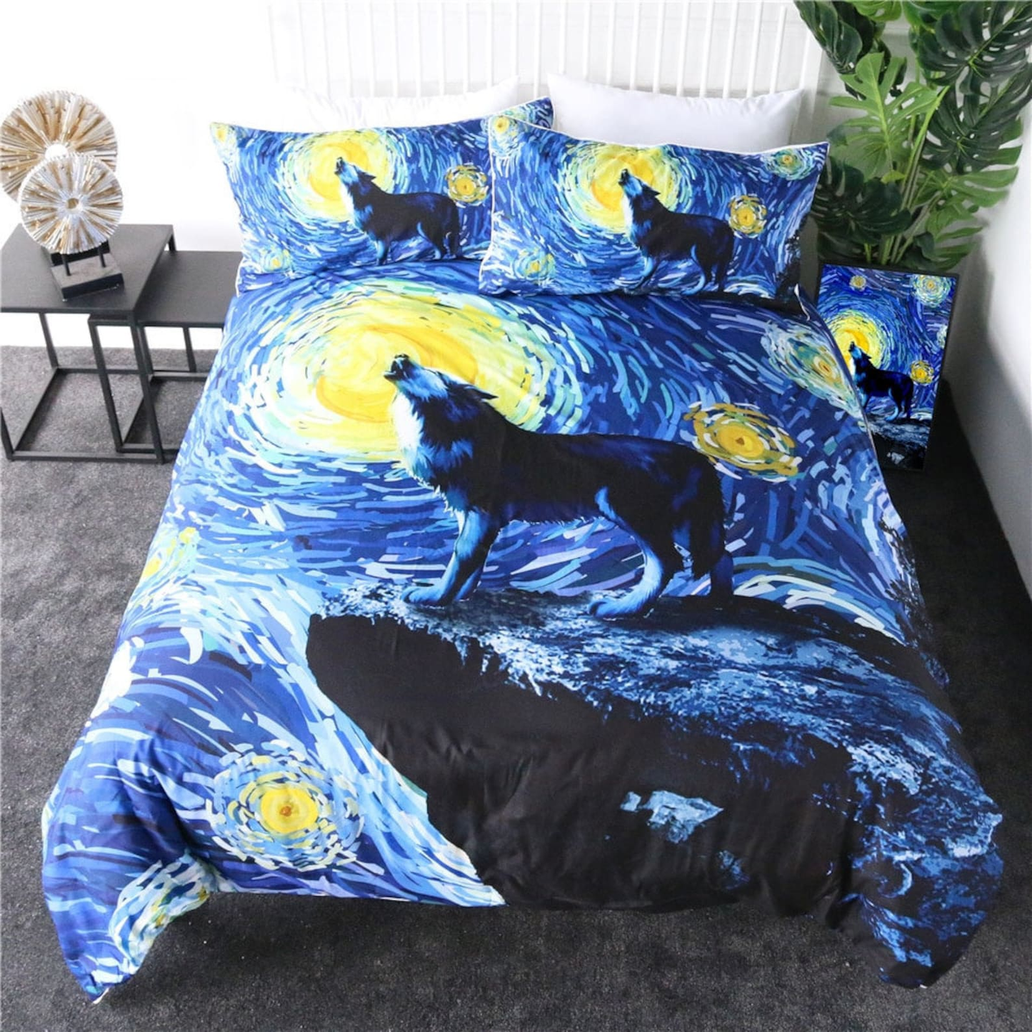 Wolf Bedding Set Starry Night Howling Wolf Duvet Covers Blue Black Unique Gift