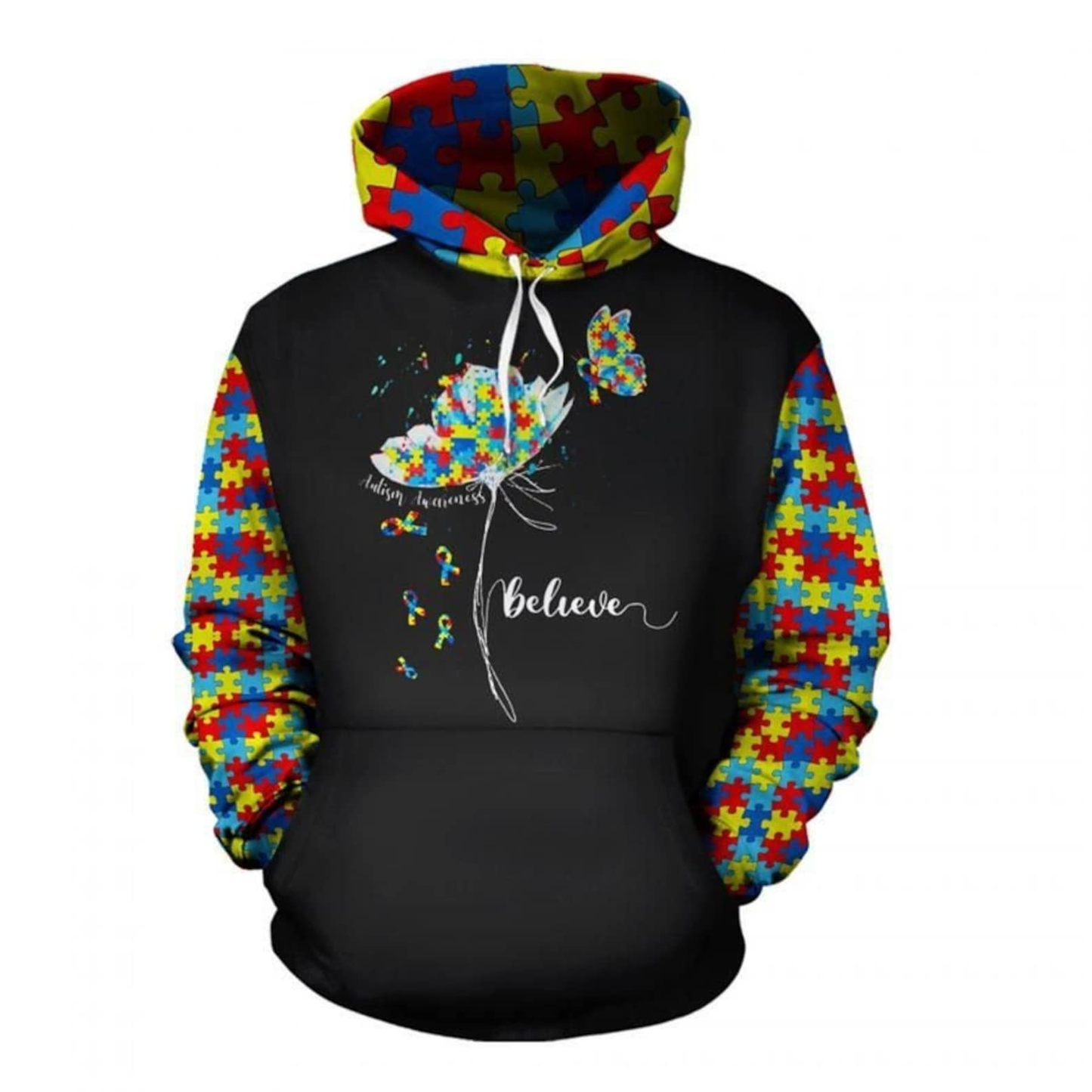 Autism Hoodie Autism Awareness Believe Flower And Butterfly Hoodie Colorful Unisex