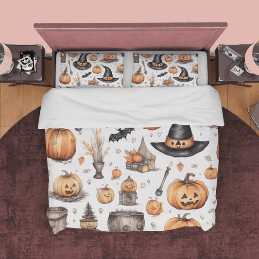 Halloween Bedding Set Pumpkin Witch Hat Items Pattern Duvet Covers Colorful Unique Gift