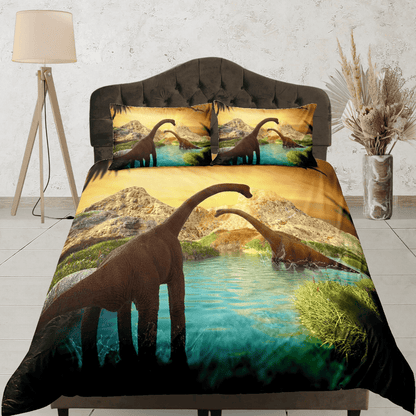 Dinosaur Bedding Set Brachiosaurus In Prehistoric Age Duvet Covers Colorful Unique Gift