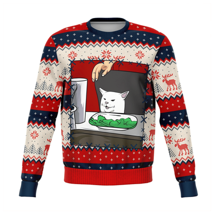 Cat Sweatshirt Cat Table Meme Christmas Pattern Sweatshirt Red White Unisex