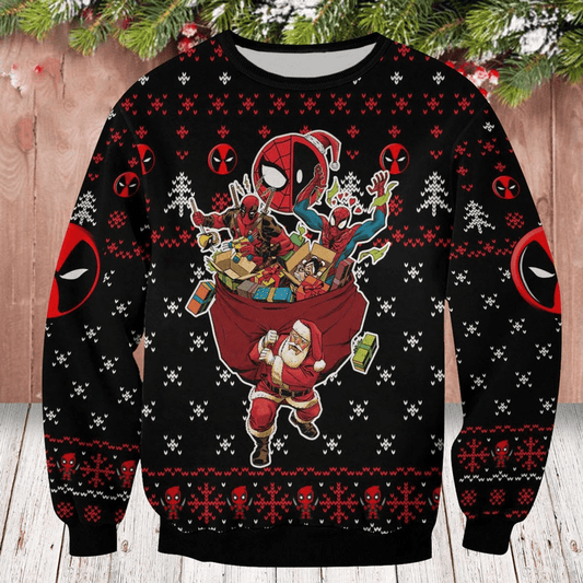 Spiderman Sweatshirt Santa Claus Carries Deadpool Spider Man Sweatshirt Black Red Unisex