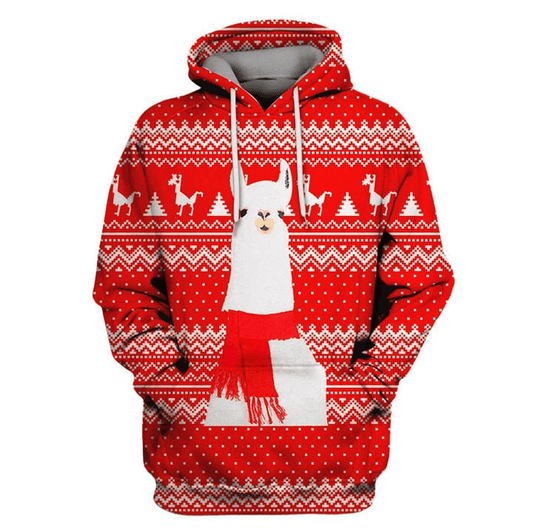 Llama Hoodie Llama Christmas Tree Pattern Hoodie Red White Unisex