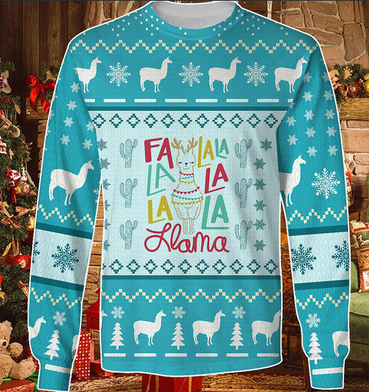 Llama Sweatshirt Fa La La La Llama Pattern Sweatshirt Blue White Unisex