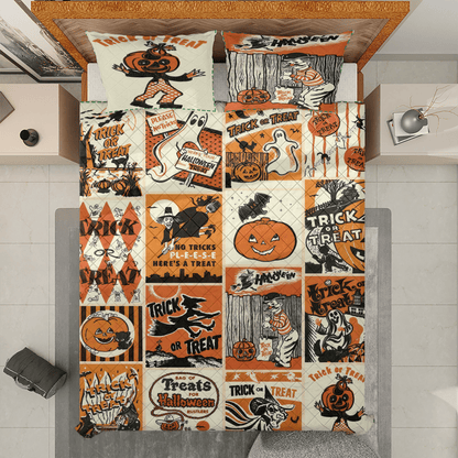 Halloween Bedding Set Retro Vintage Spooky Season Halloween Duvet Covers Orange White Unique Gift