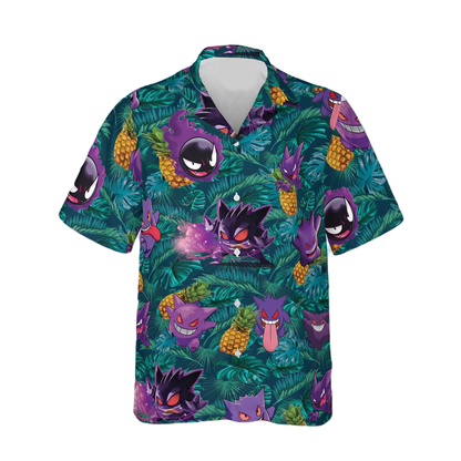 PKM Hawaii Shirt Gengar Ghost PKM Pineapples Pattern Aloha Shirt Green Unisex