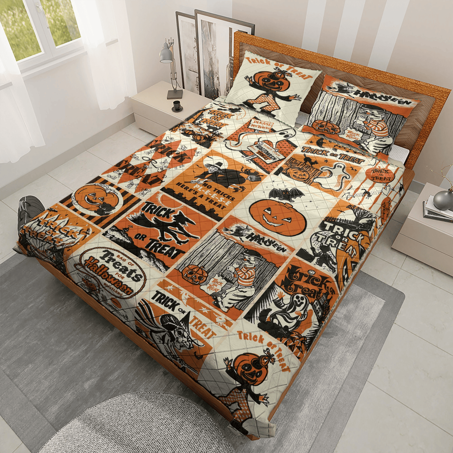 Halloween Bedding Set Retro Vintage Spooky Season Halloween Duvet Covers Orange White Unique Gift