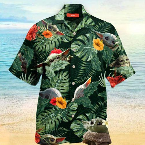  SW Hawaiian Shirt Baby Yoda Grogu Hibiscus Flower Tropical 3d Green Hawaii Aloha Shirt
