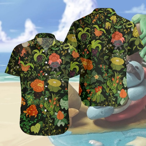 Pokemon Hawaiian Shirt Grass Type Pokemons Flower Green Hawaii Aloha Shirt