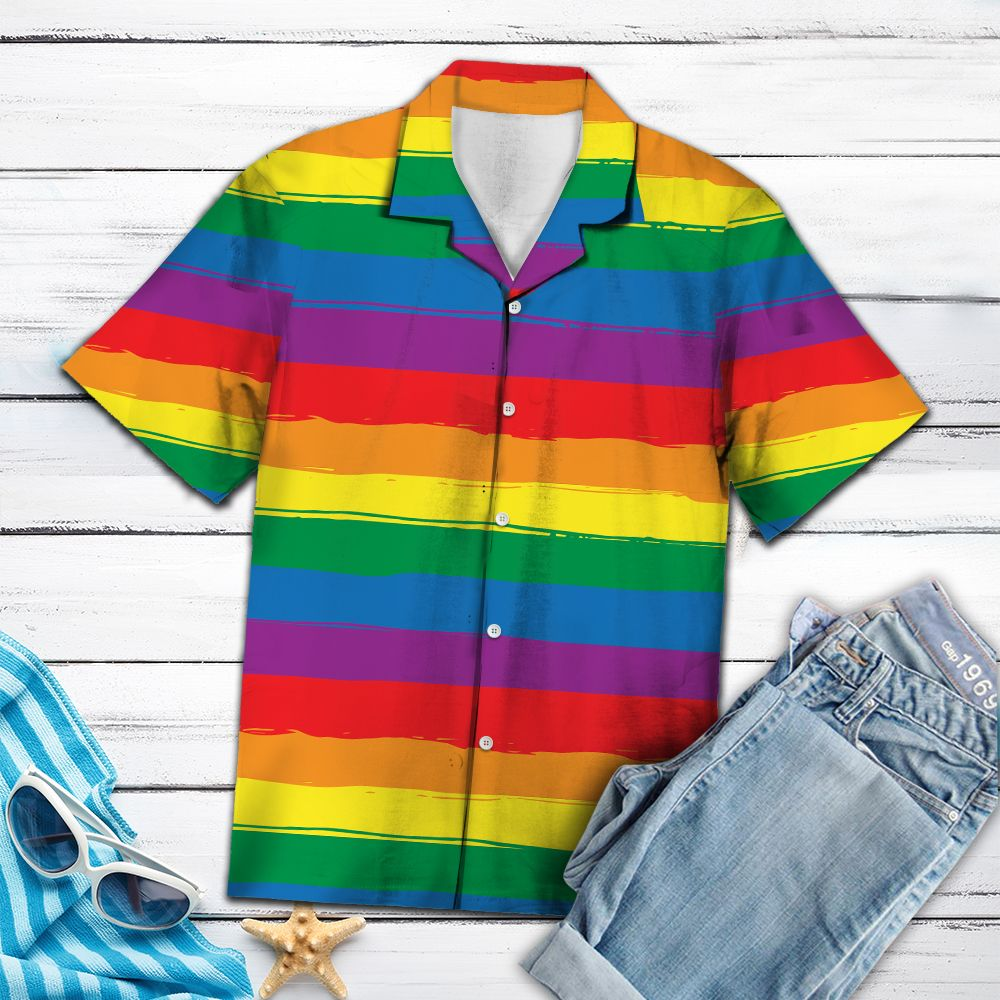 Unifinz LGBT Hawaiian Shirt Rainbow Multicolor Striped Hawaii Shirt LGBT Aloha Shirt 2022