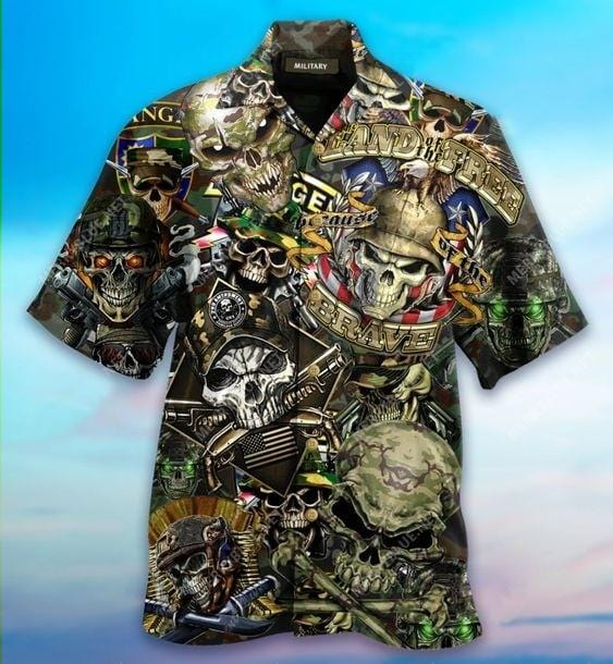 Unifinz Military Aloha Shirt Skull Soldier Land Of The Free Because Of The Brave Hawaiian Shirt Veteran Aloha Shirts Veteran Shirt 2022