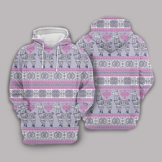 Llama Hoodie Llama Ancient Pattern Pink Grey Hoodie