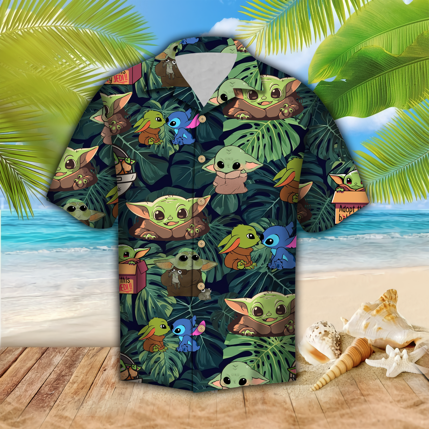  SW Hawaiian Shirt Baby Yoda Grogu Stitch Cute Green Hawaii Aloha Shirt