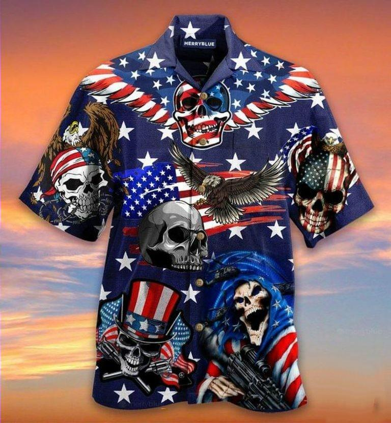 Unifinz Independence Day Hawaii Shirt Eagle Patriotic Skull American Flag Hawaiian Shirt Adult Full Print 2022