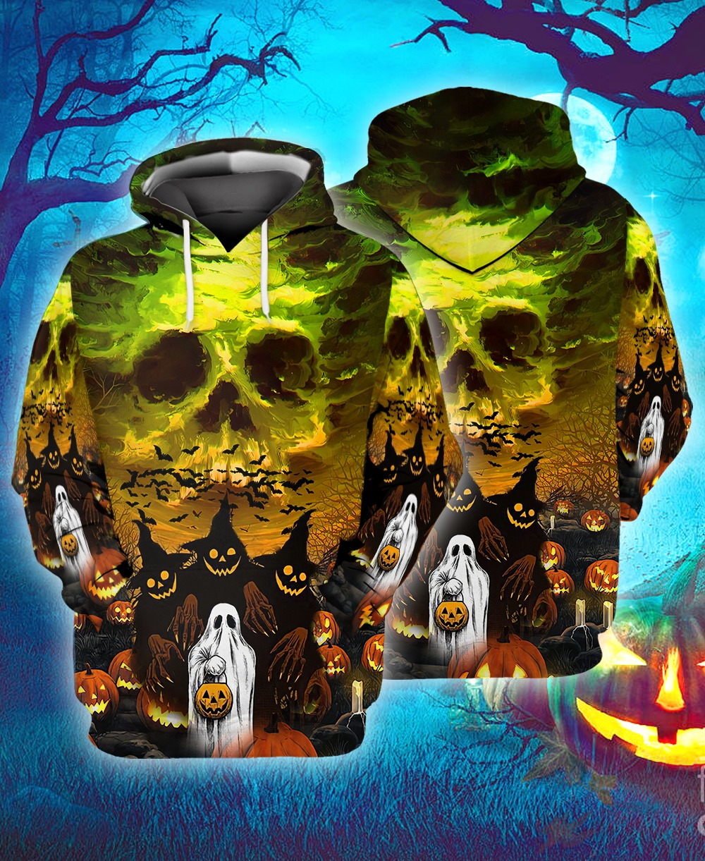  Halloween Hoodie Halloween Party Skull Ghost Scary Pumpkin Green Hoodie Unisex Full Print