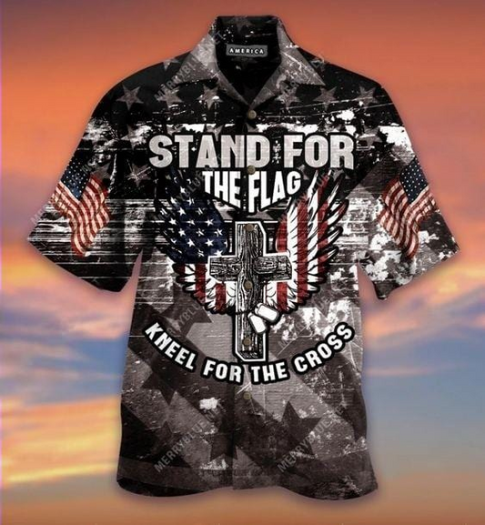 Unifinz Veteran Aloha Shirts American Flag Cross Stand For The Flag Hawaiian Shirt Veteran Aloha Shirt Military Hawaii Shirt 2022