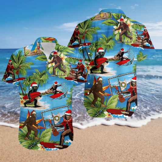 Unifinz Bigfoot Christmas Hawaii Shirt Bigfoot Christmas Hat Hawaiian Aloha Shirt 2022