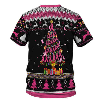  Breast Cancer T-shirt Breast Cancer Ribbon Christmas Tree Chritmas Pattern Black Pink Hoodie Apparel Adult Full Print