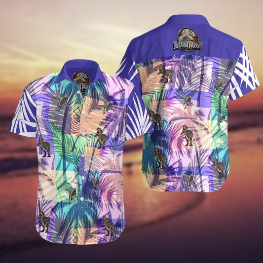 Jurassic Park Hawaiian Shirt Dinosaurs Tropical Palm Leaves Purple Hawaii Shirt Jurassic Park Aloha Shirt