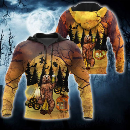 Halloween Hoodie Camping Bear Drinking Bear Halloween Night Hoodie Camping Hoodie