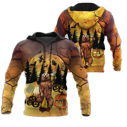 Unifinz Halloween Hoodie Camping Bear Drinking Beer Halloween Night Hoodie Camping Hoodie 2023