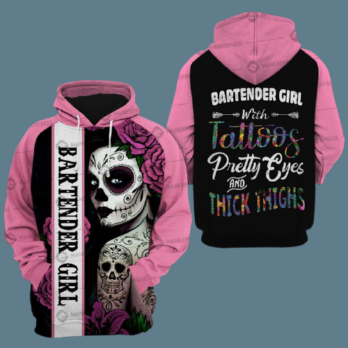 Bartender Hoodie Bartender Girl With Tattoos Pretty Eyes And Thick Thighs Black Pink Hoodie