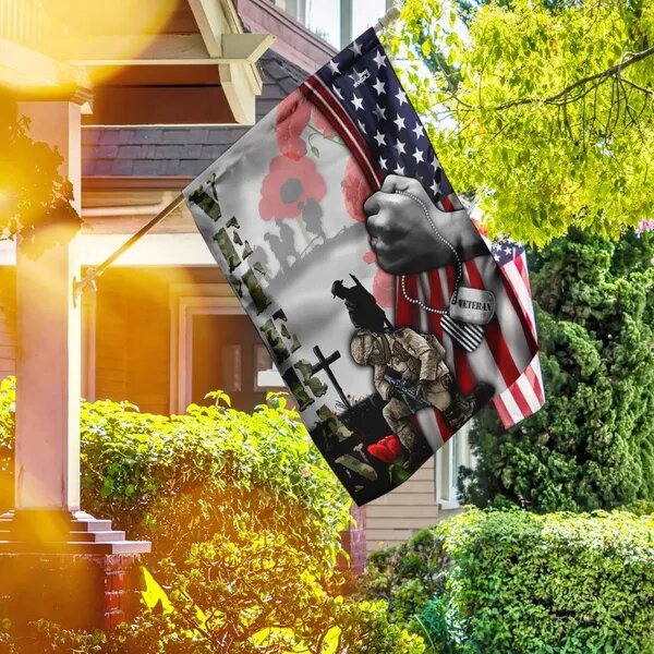 Veteran Flags Kneeling Soldier Poppy Flower Dog Tag House Flag