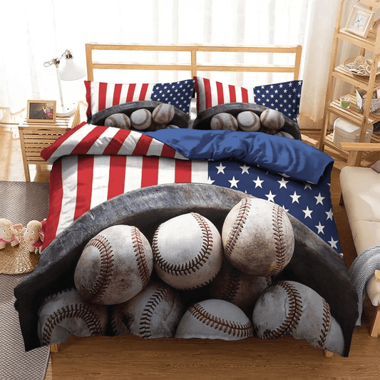 Baseball Bedding Set Baseball And American Flag Duvet Covers Red Blue Unique Gift