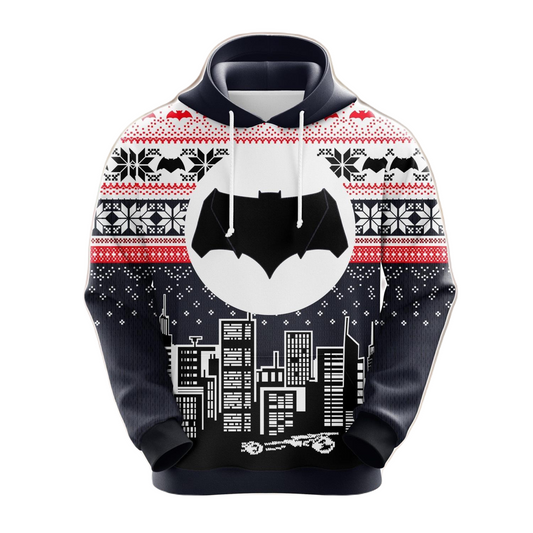 Batman Hoodie DC Batman Gotham City Silhouette Christmas Pattern Hoodie Black White Unisex