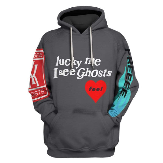  KW Hoodie Lucky Me I See Ghosts Feel Freee Grey Hoodie Apparel Adul Unisex Full Print