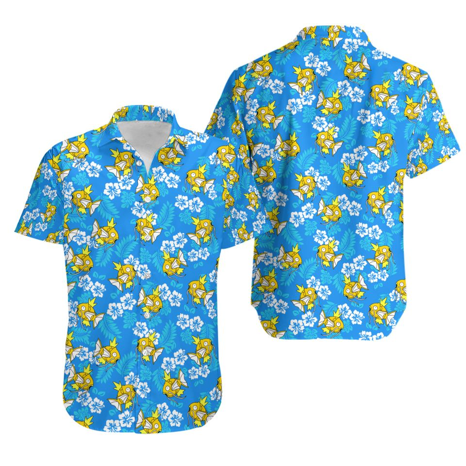 PKM Hawaii Shirt PKM Magikarp Hibiscus Flowers Pattern Aloha Shirt Blue Unisex