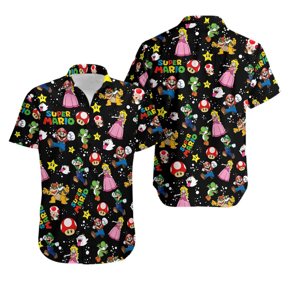 Mario Hawaii Shirt Mario And Friends Pattern Aloha Shirt Black Unisex