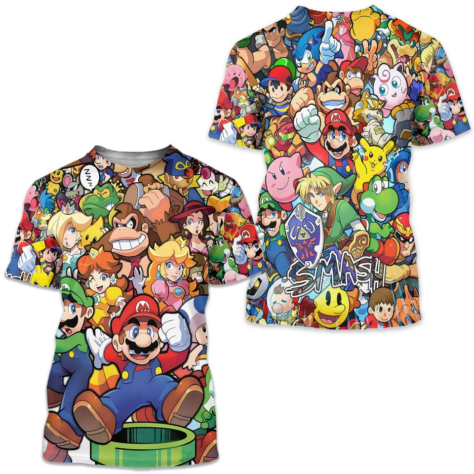 Mario T-shirt Mario Smash All Games Character T-shirt Colorful Unisex