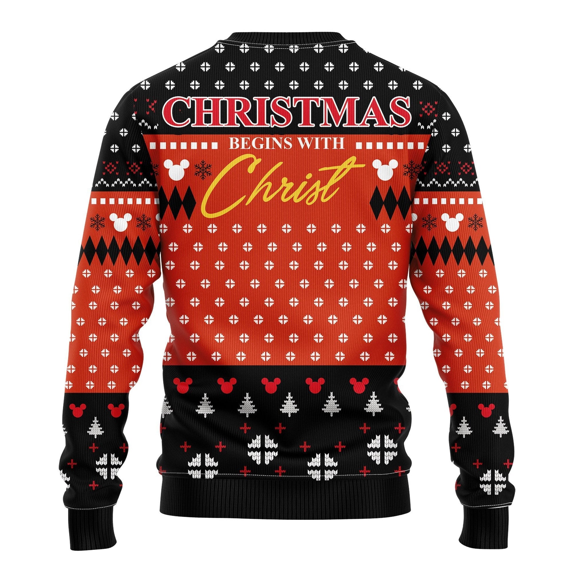 DN Christmas Sweater Christmas Begins With Christ MK Mouse Black Red Ugly Sweater