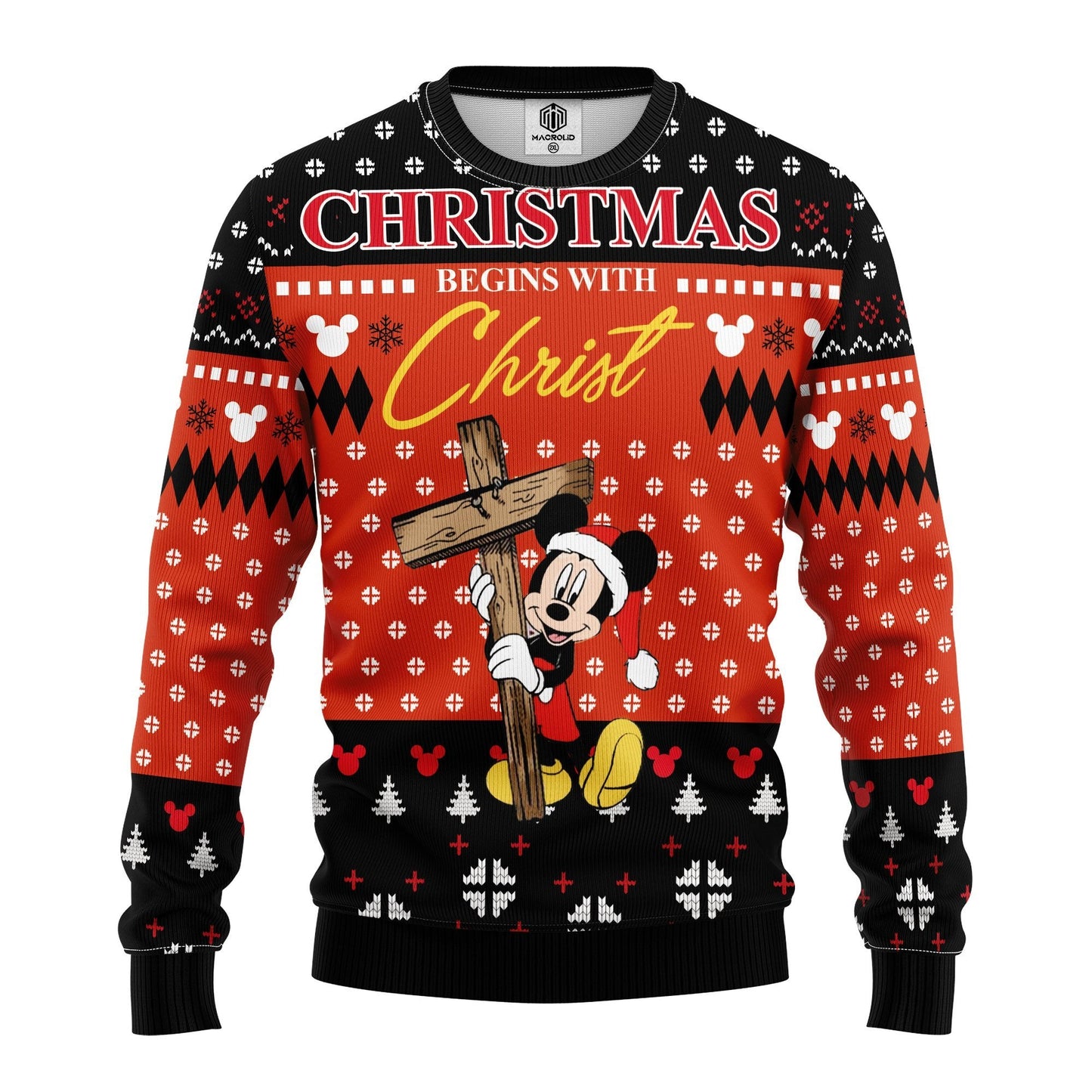 DN Christmas Sweater Christmas Begins With Christ MK Mouse Black Red Ugly Sweater