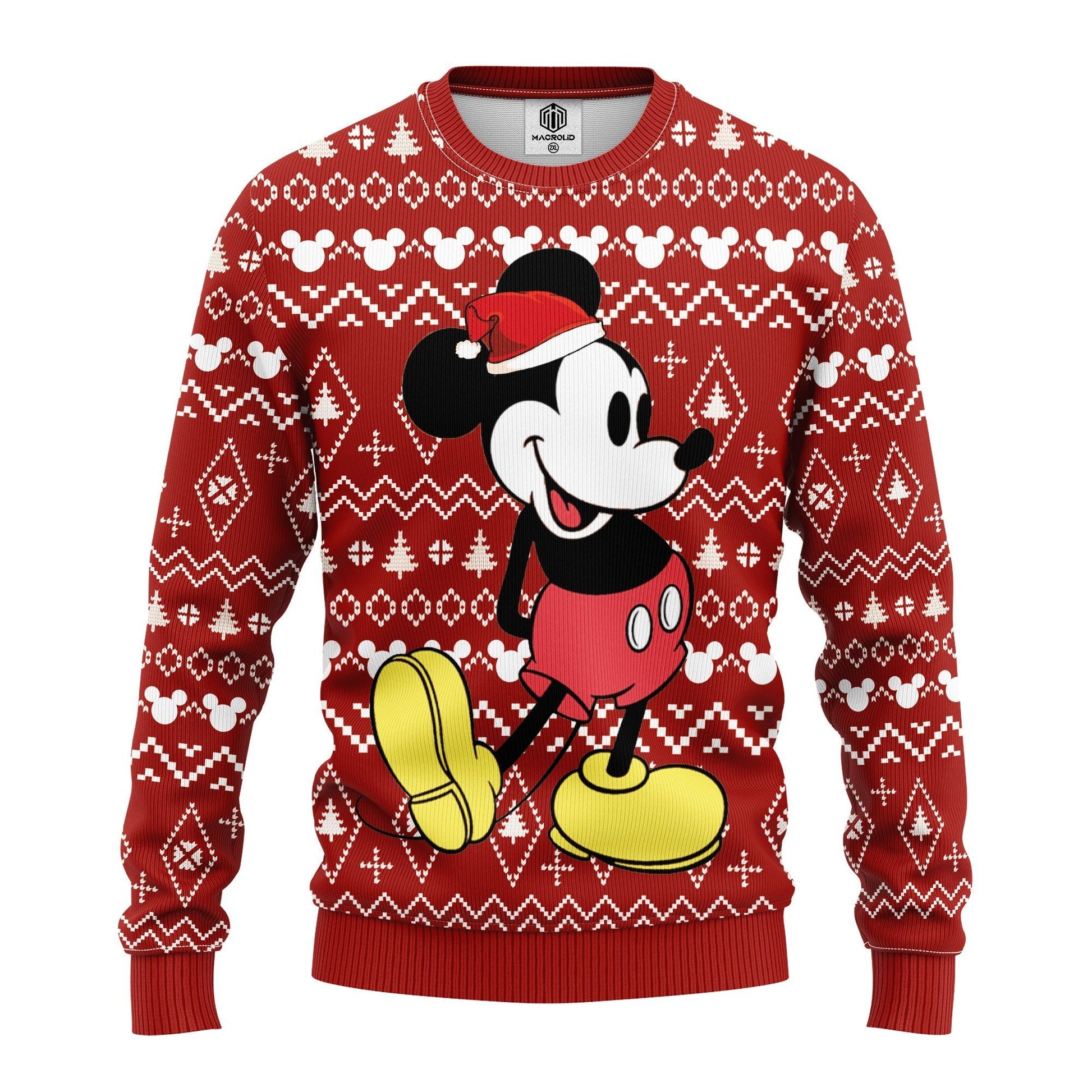 DN Christmas Sweater MK Mouse Christmas Hat Christmas Tree And Mouse Head Pattern Red Ugly Sweater