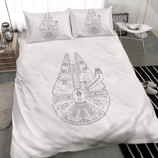 SW Bedding Set Millennium Falcon Sketch Art Duvet Covers White Unique Gift