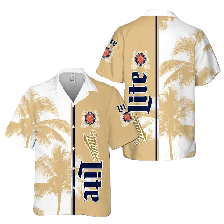 Miller Hawaii Shirt Palm Tree Graphic Miller Lite Aloha Shirt White Brown Unisex Adults New Release