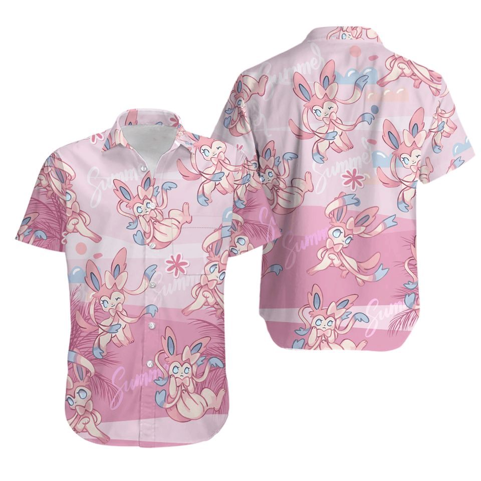 PKM Hawaii Shirt PKM Sylveon Summer Pattern Aloha Shirt Pink Unisex