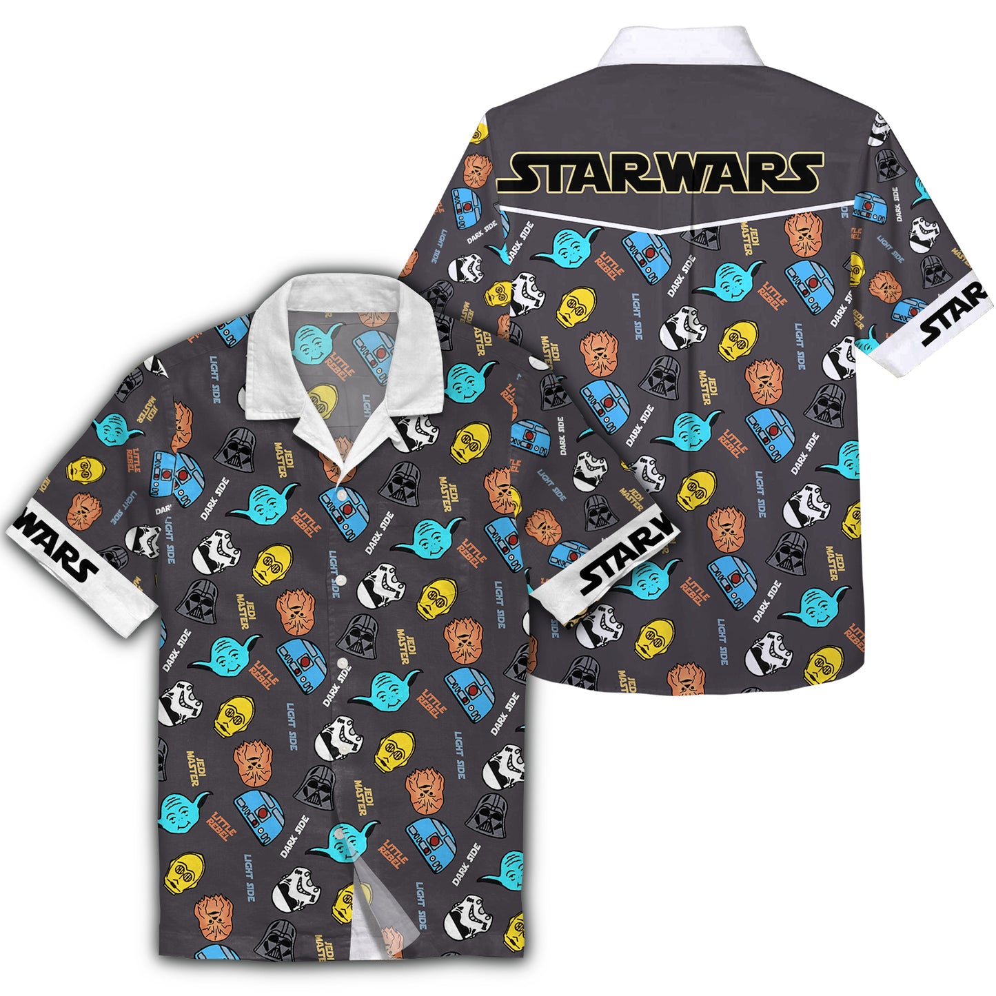 Unifinz SW Hawaii Shirt Darth Vader Chewbacca Yoda Heads Pattern Black Hawaiian Aloha Shirt 2023