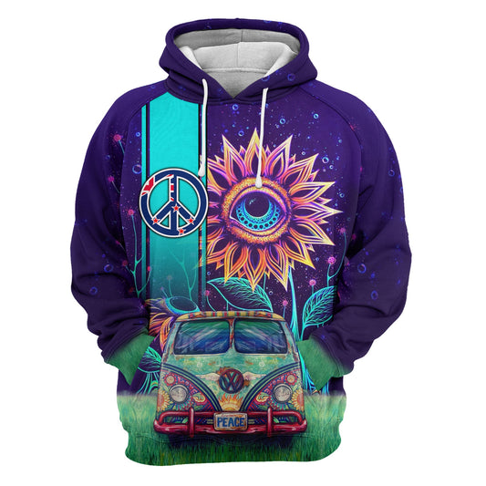 Hippie Hoodie The Eye Sunflower Peace Sign Car Blue Hoodie Apparel Full Print Full Size Unisex