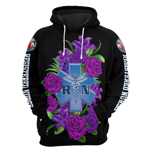 Unifinz Nurse Hoodie Registered Nurse Purple Flower Black Hoodie Nurse Day Gift Nurse Apparel 2022