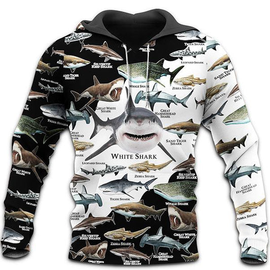  Shark Hoodie Types Of Shark White Shark 3d Black White Hoodie Apparel Adult Unisex Full Size