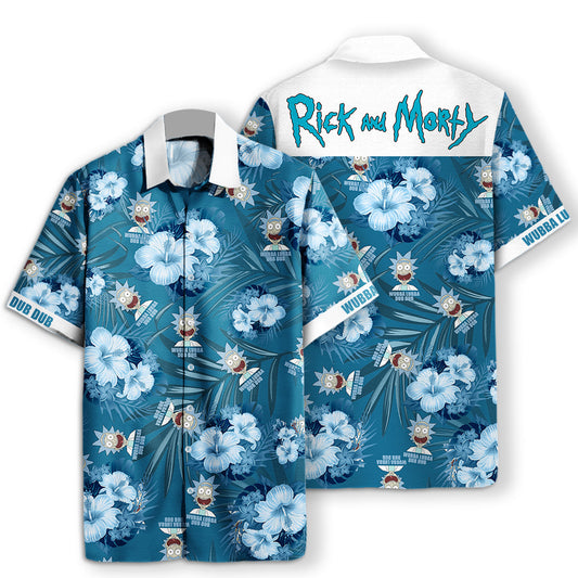  Rick And Morty Hawaiian Shirt Rick Wubba Lubba Dub Dub Tropical Pattern Blue White Hawaii Aloha Shirt